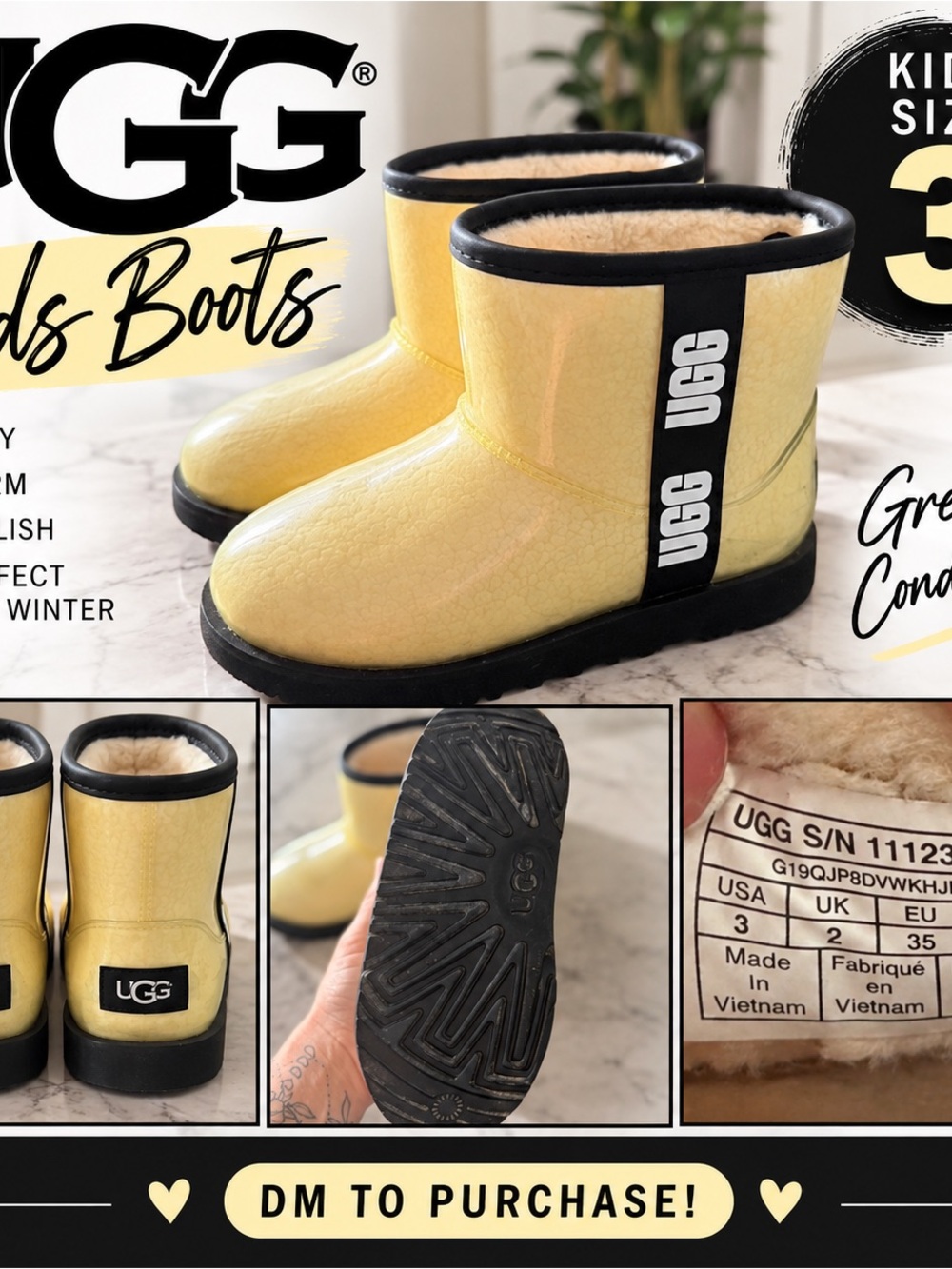 UGG Yellow Kids Sheepskin-Lined Slip-On Boots with Black Trim
